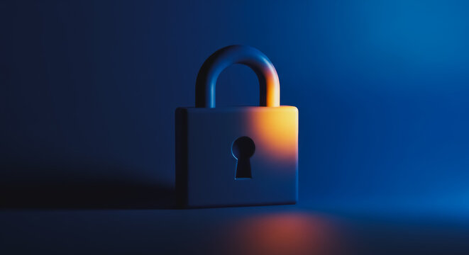 Cybersecurity and Data Protection Concept. 3D Rendered Padlock Icon with Dramatic Orange and Blue Lighting against a Dark Background, symbolizing Digital Safety, Access Control, and Privacy.