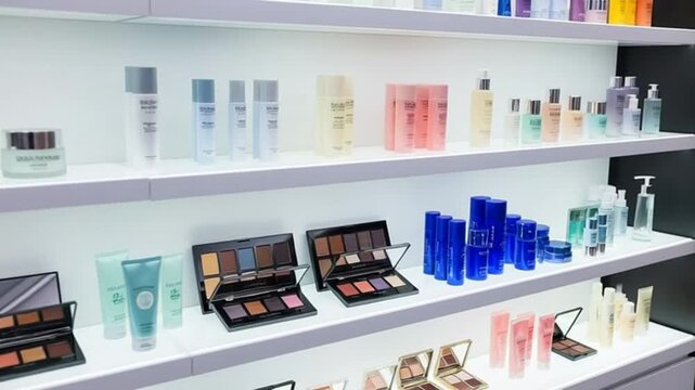 Wide variety of makeup and skincare products on display on shelves