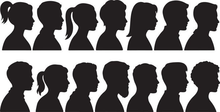 Vector silhouette of set of profile face of different people