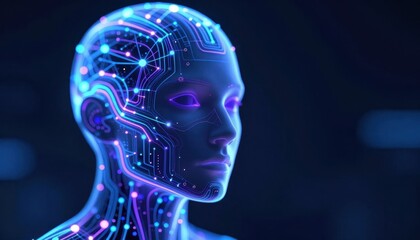 Obraz premium Futuristic Artificial Intelligence Profile with Blue Neon Circuit Glow