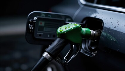 Green Fuel Pump Nozzle Refueling Wet Car