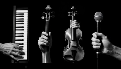 Hands Playing Keyboard, Violin, and Holding Microphone in Black and White