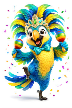 Personagem mascote em 3D representando o esp&iacute;rito do carnaval, com visual tropical vibrante e fantasia exuberante composta por penas coloridas, acess&oacute;rios dourados e adere&ccedil;os festivos. A arara estiliz
