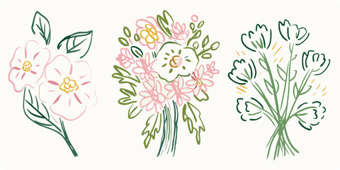 Three hand drawn floral bouquets with delicate pink white and green tones