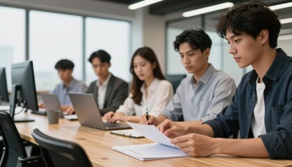 Fototapeta premium Young Professionals Collaborating in Modern Office Setting
