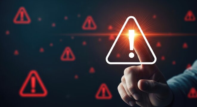 Hand touching glowing warning sign on dark background with multiple red triangles.