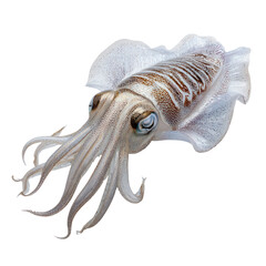 Cuttlefish with textured body, frilly fins, and tentacles on a black background