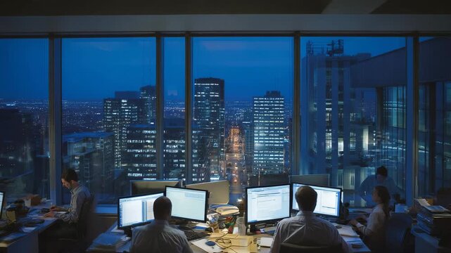 Busy office workers late night working on computers with city skyline view business