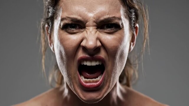 Angry woman with aggressive expression and white face paint.