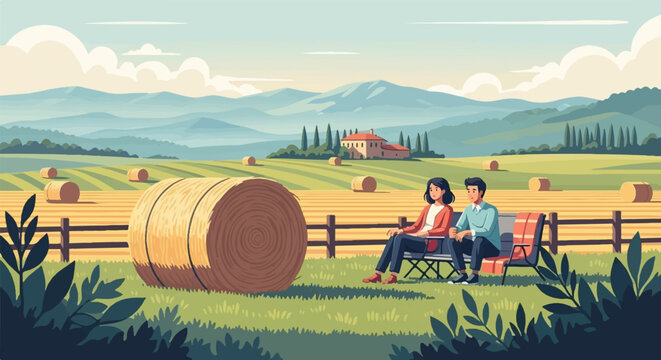 A couple enjoys a peaceful moment in a sun-drenched rural landscape with hay bales
