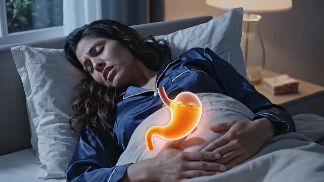 acid reflux of a woman sleeping uncomfortably in bed, clutching her chest due to heartburn symptoms during the night.