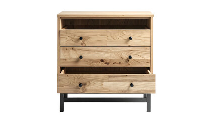 Wooden dresser with drawers, one open, black hardware, on black legs