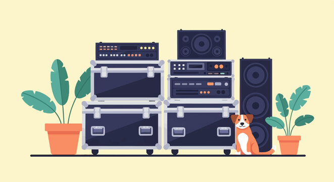 A dog sits near sound equipment and potted plants against a light background