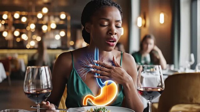 acid reflux of a Black woman experiencing post-meal heartburn and indigestion at a fancy restaurant, with a glowing stomach graphic.