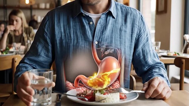 acid reflux of a man enjoying a healthy meal at a restaurant, possibly indicating a symptom-free moment or managing digestive health.
