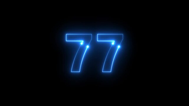 A vibrant glowing neon blue number 77 is prominently displayed against a stark black background