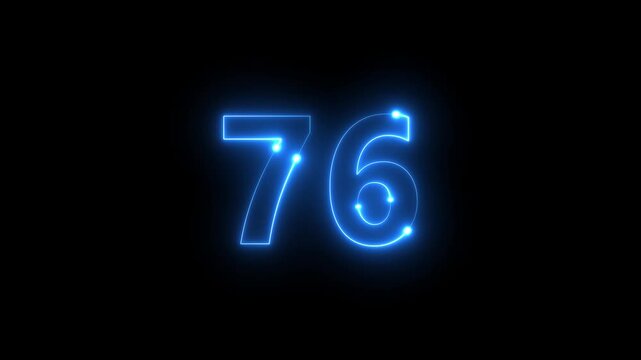 Bright blue neon numbers 76 glow against a stark black background creating a striking visual contrast