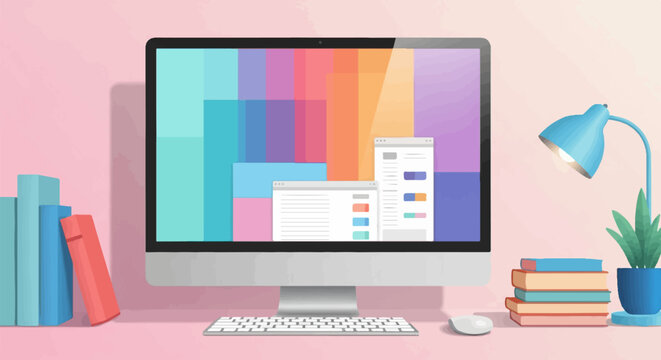 A colorful desktop setup with books, a plant, and a lamp