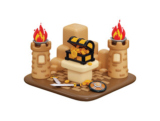 Dungeon icon 3d render concept of treasure box with gold coin Treasury Hall icon vector illustration