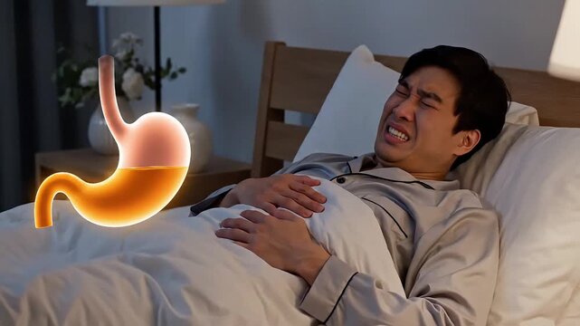 acid reflux of an Asian man experiencing nocturnal stomach pain and discomfort in bed, highlighting internal distress.