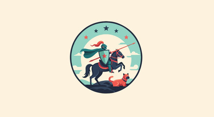 Fototapeta premium A knight on horseback with a spear and shield, accompanied by a dog
