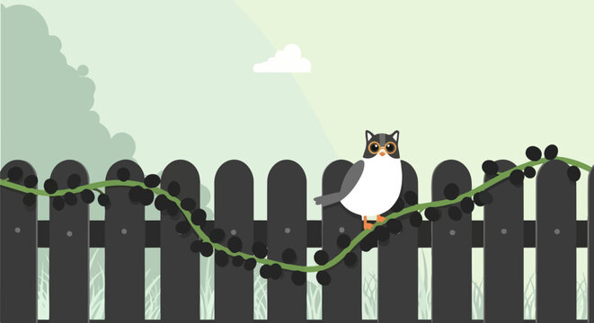 A cute, cartoonish creature with large eyes perches on a vine-covered fence