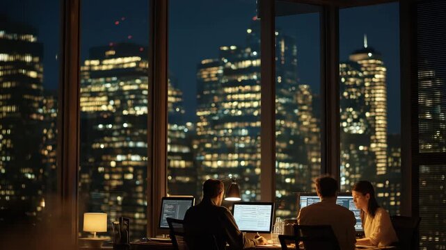 Team working late night office view city skyline bokeh lights coding programming data analysis business professionals