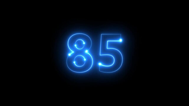 Bright neon numbers eighty five glow against a stark black background creating a digital aesthetic high quality