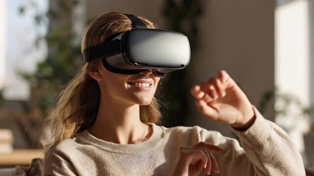 Virtual World Encounter: A woman, immersed in a VR headset, experiences a virtual reality, her face illuminating with a smile and gesturing interaction with a simulated environment.