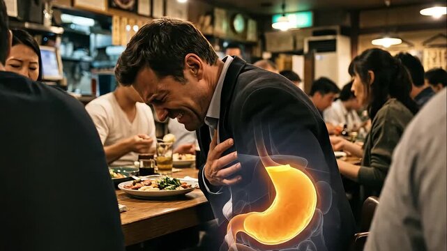 acid reflux of a man in a busy restaurant experiencing stomach pain and indigestion, with a graphic showing internal acid.