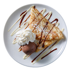 Two folded crepes, drizzled with chocolate and white sauce, with whipped cream and ice cream