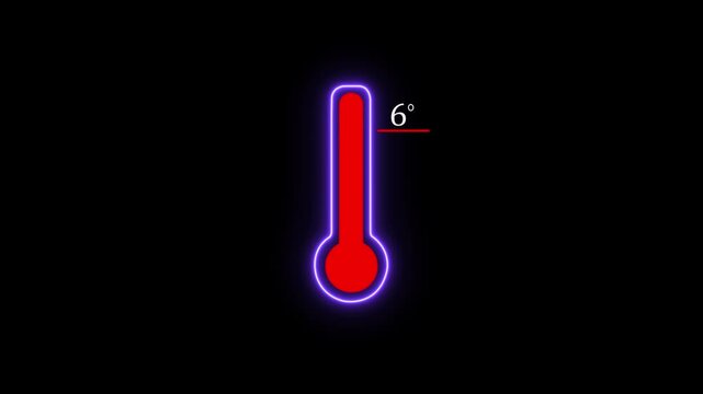 Neon Thermometer equipment showing 6 Degree hot or cold weather.video motion graphic animation,Weather forecast related animation Red Liquid Temperature Level Indicator Minimalist Digital thermometer.