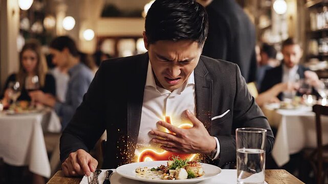 acid reflux of an Asian man grimacing with stomach pain after eating food in a fancy restaurant, with an animated glowing stomach