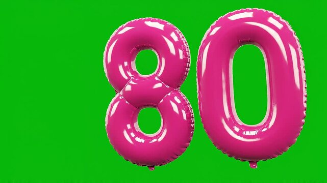Number 80 pink balloon floating from left to center green screen