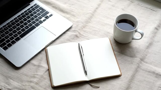 Clean workspace on linen fabric background with laptop and coffee