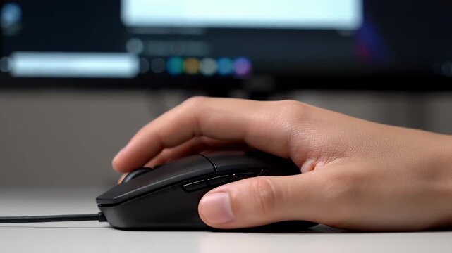 Hand Clicks Black Computer Mouse with Blurred Screen Background