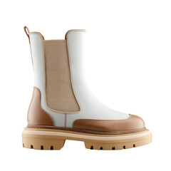 White and tan leather Chelsea boot with chunky lug sole and elastic side panel, isolated