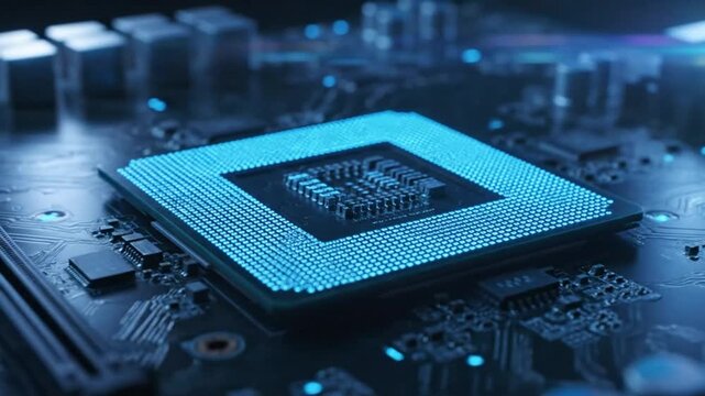 Close-up of a CPU Central Processing Unit Illuminated with Blue Light on a Computer Motherboard in a Digital World