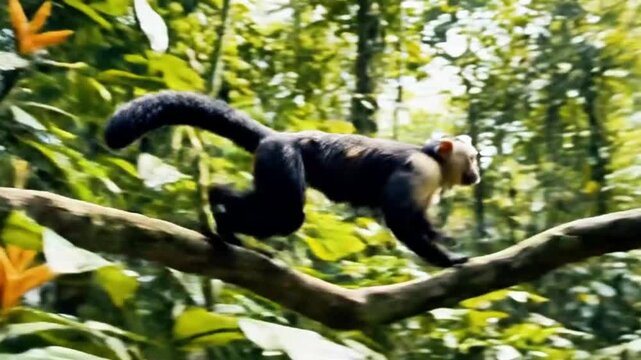 A monkey jumping between jungle trees, fast cinematic movement.