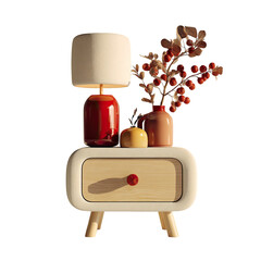 Modern cream and wood nightstand with lamp, autumnal berries in vase, and warm accents