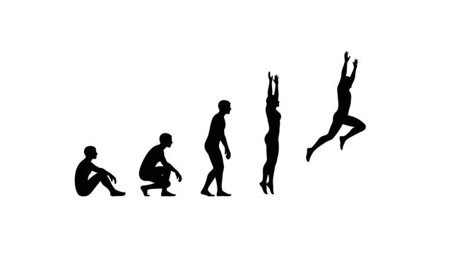 Progression of human movement sequence illustrating fitness evolution from sitting to explosive vertical jump in silhouette form
