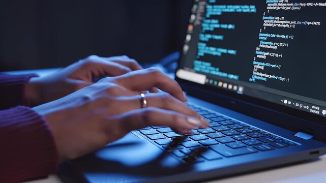 Programmer hands typing code on laptop screen late at night