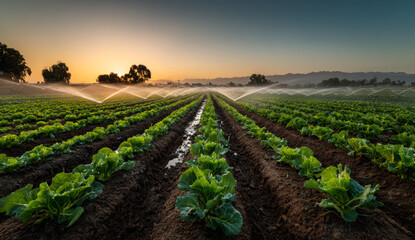 Obraz premium Sunset over a lush green lettuce field with freshly sprouted leaves, irrigation sprinklers watering the crops, and a vibrant sky in the background