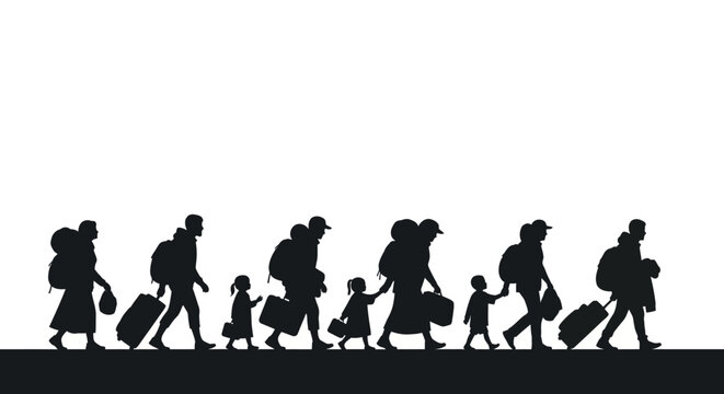 Silhouette illustration depicting a diverse group of displaced people, including adults and children, carrying heavy baggage and walking together on a long journey.