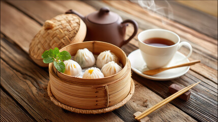 steaming shrimp dumplings in bamboo basket with soy sauce