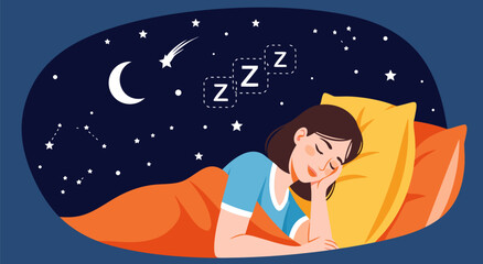 Peaceful night sleep illustration a woman dreaming under a starry sky in a cozy bed, vector art with 'Zzz' symbols © Purnomo