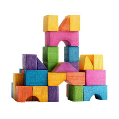 Vibrant, diverse wooden toy blocks intricately stacked to form a detailed castle-like structure