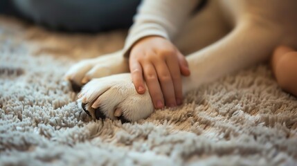 Child gently holds dog's paw on soft carpet.