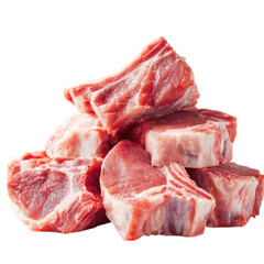 Fresh raw bone-in red meat chops piled, showing lean muscle, some fat, and bones