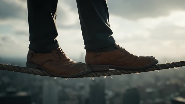 Man Balancing on Tightrope High Above Cityscape